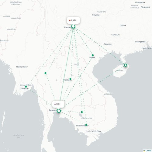 Mapa lotu bezpośredniego Kunming – Bangkok