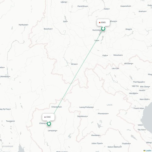 Mapa lotu bezpośredniego Kunming – Chiang Mai