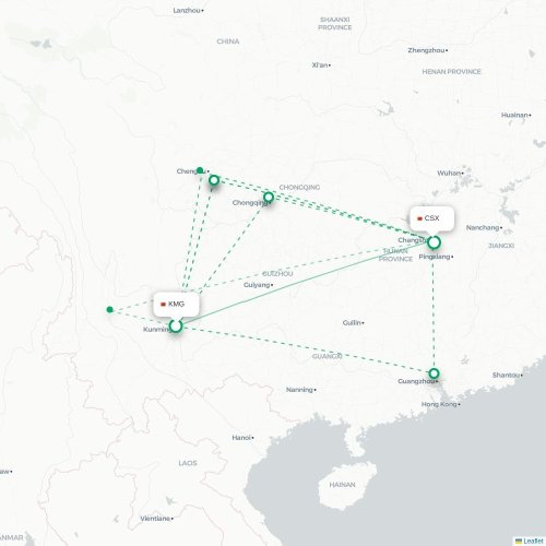 Mapa lotu bezpośredniego Kunming – Changsha