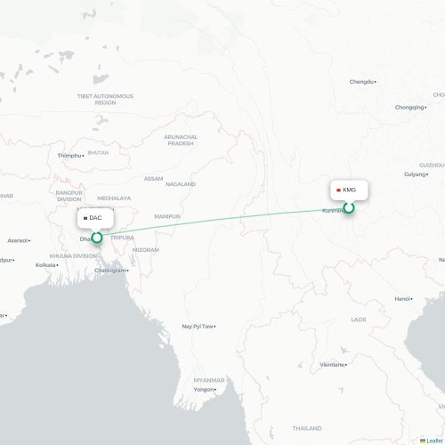 Kunming - Dhaka kaart van rechtstreekse vlucht