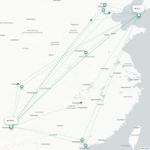 Mapa lotu bezpośredniego Kunming – Dalian