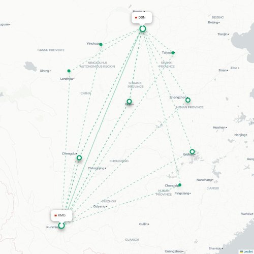 Mapa lotu bezpośredniego Kunming – Ordos City