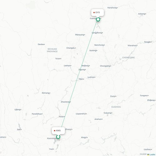 Mapa de vuelo directo Kunming - Guangyuan