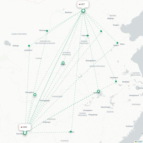 Mapa de vuelo directo Kunming - Hohhot
