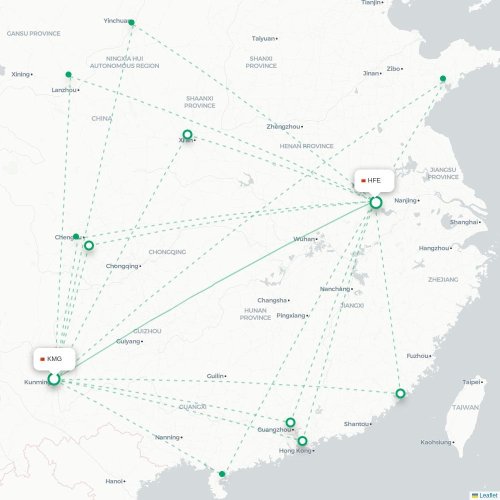 Mapa lotu bezpośredniego Kunming – Hefei