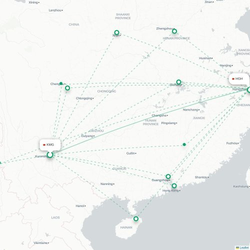 Mapa lotu bezpośredniego Kunming – Hangzhou