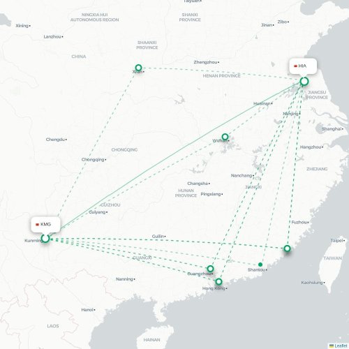 Mapa de vuelo directo Kunming - Huai'an
