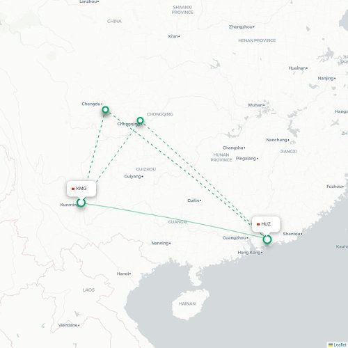 Mapa de vuelo directo Kunming - Huizhou
