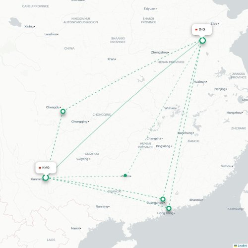 Mapa de vuelo directo Kunming - Jining