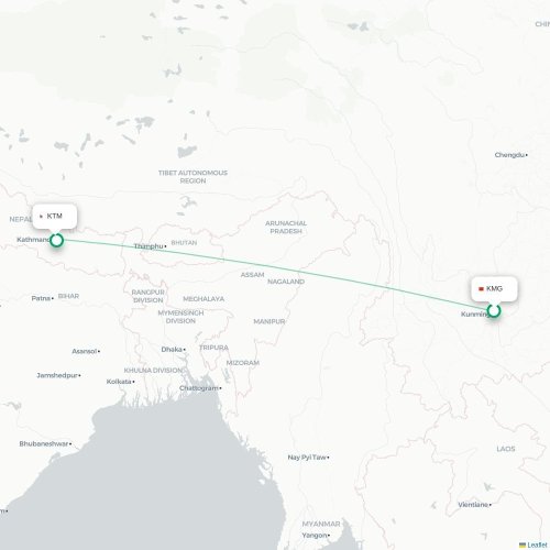 Mapa lotu bezpośredniego Kunming – Katmandu