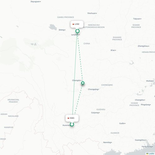 Mapa lotu bezpośredniego Kunming – Lanzhou