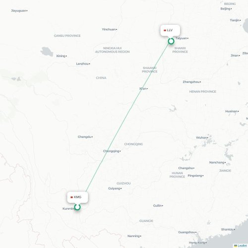 Mapa lotu bezpośredniego Kunming – Lüliang
