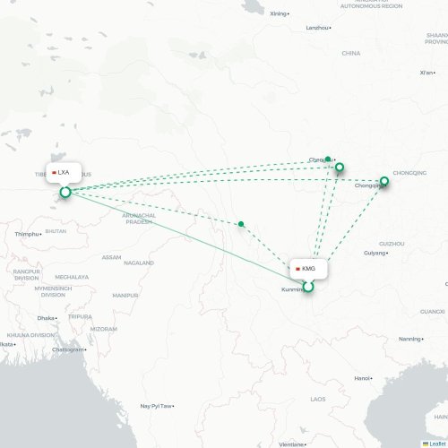 Mapa lotu bezpośredniego Kunming – Lhasa