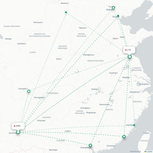 Mapa lotu bezpośredniego Kunming – Lianyungang