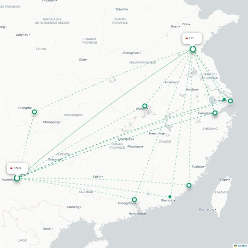 Mapa de vuelo directo Kunming - Linyi
