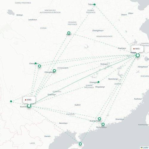 Mapa lotu bezpośredniego Kunming – Nankin
