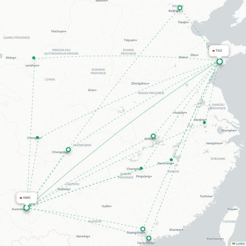 Mapa lotu bezpośredniego Kunming – Qingdao