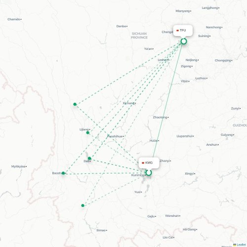 Mapa lotu bezpośredniego Kunming – Chengdu