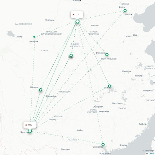 Mapa de vuelo directo Kunming - Yulin