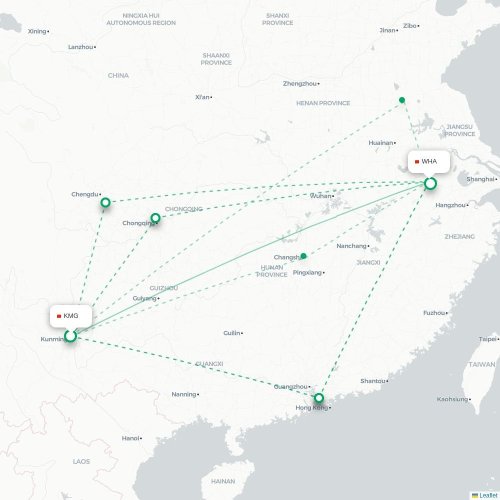 Mapa lotu bezpośredniego Kunming – Wuhu