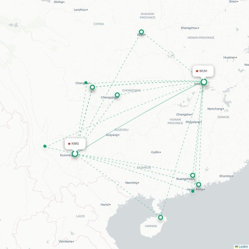 Mapa lotu bezpośredniego Kunming – Wuhan
