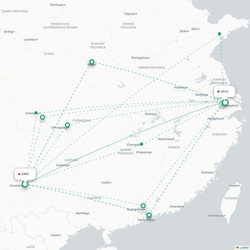 Mapa lotu bezpośredniego Kunming – Wuxi