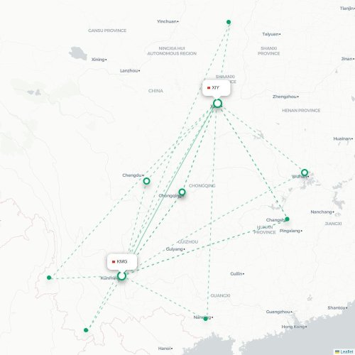 Mapa lotu bezpośredniego Kunming – Xi'an