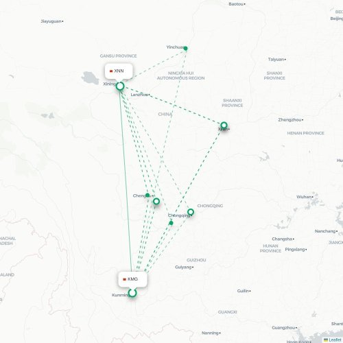 Mapa lotu bezpośredniego Kunming – Xining