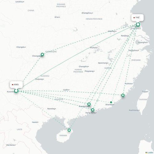 Mapa lotu bezpośredniego Kunming – Yancheng