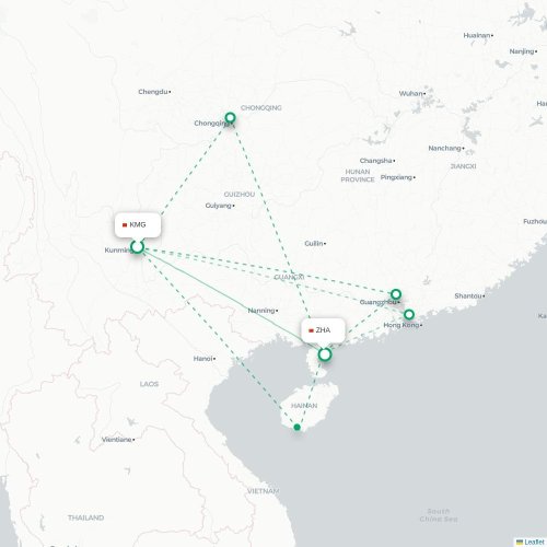 Mapa lotu bezpośredniego Kunming – Zhanjiang