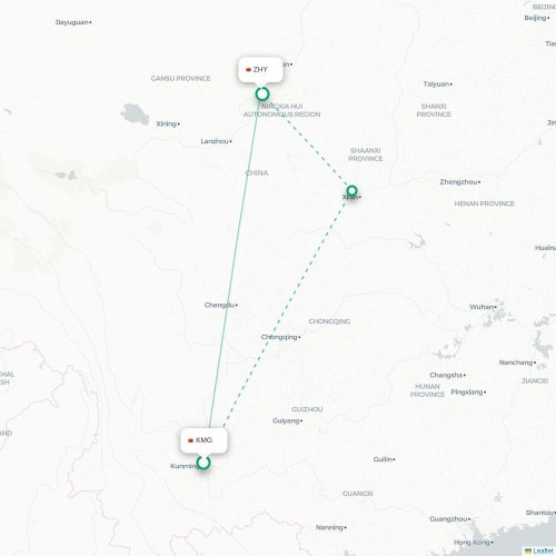 Mapa lotu bezpośredniego Kunming – Zhongwei
