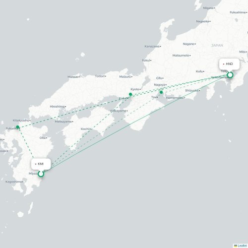 Mapa lotu bezpośredniego Miyazaki – Tokio