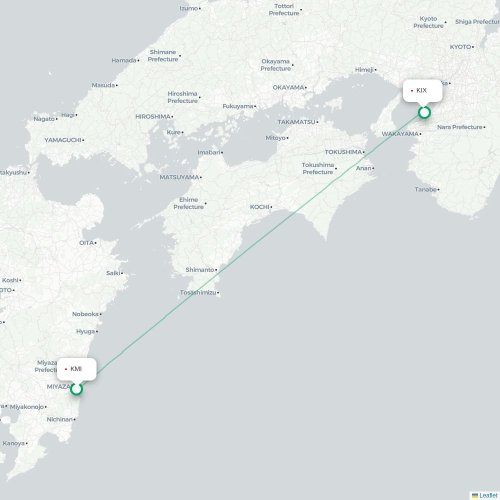 Mapa lotu bezpośredniego Miyazaki – Osaka