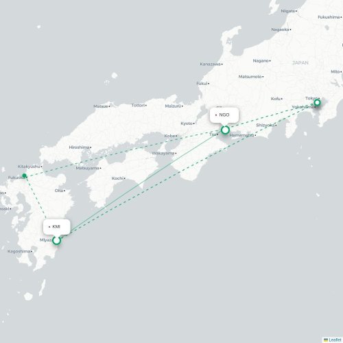 Mapa lotu bezpośredniego Miyazaki – Nagoja
