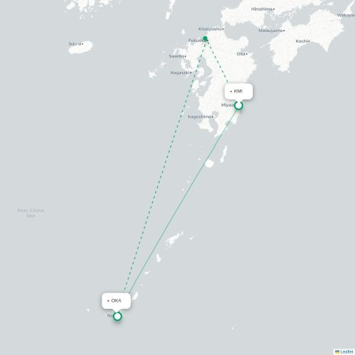 Mapa lotu bezpośredniego Miyazaki – Okinawa