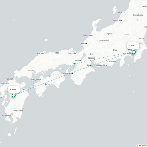 Mapa lotu bezpośredniego Kumamoto – Tokio