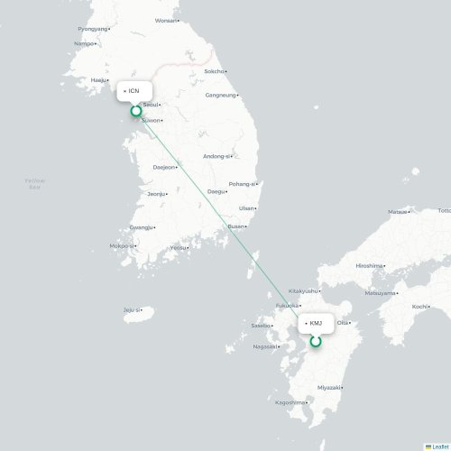 Mapa lotu bezpośredniego Kumamoto – Inczhon