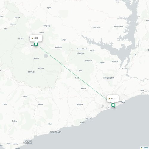 Kumasi - Accra karta över direktflyg