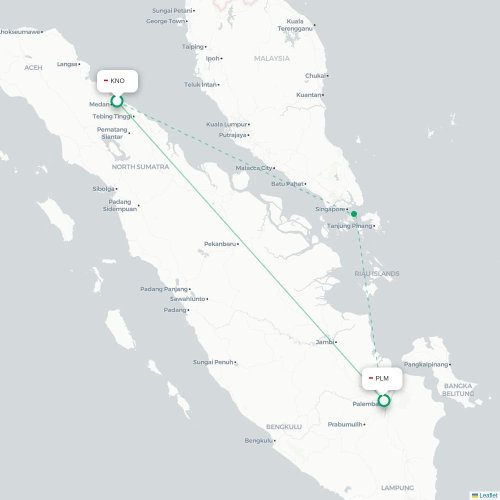 Mapa lotu bezpośredniego Medan – Palembang