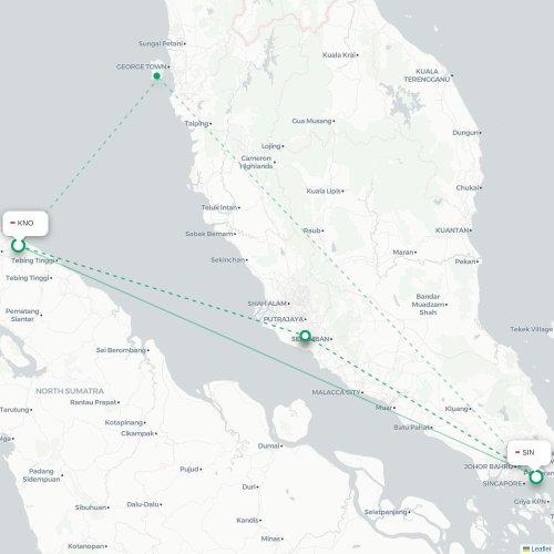 Mapa lotu bezpośredniego Medan – Singapur