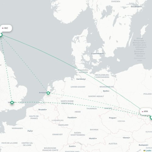 Mapa de vuelo directo Cracovia - Aberdeen
