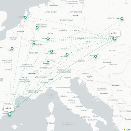 Mapa lotu bezpośredniego Kraków – Barcelona
