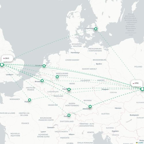 Mapa de vuelo directo Cracovia - Birmingham