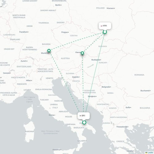Mapa lotu bezpośredniego Kraków – Bari