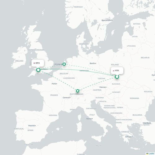 Mapa de vuelo directo Cracovia - Brístol