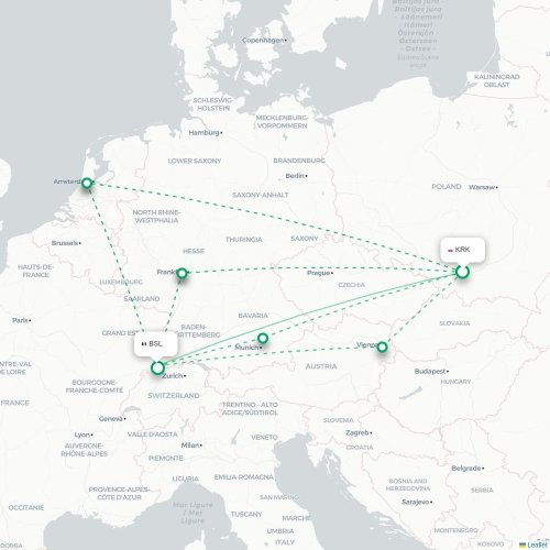 Cracovie - Bâle, Suisse carte du vol direct
