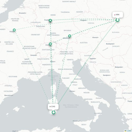 Mapa lotu bezpośredniego Kraków – Cagliari