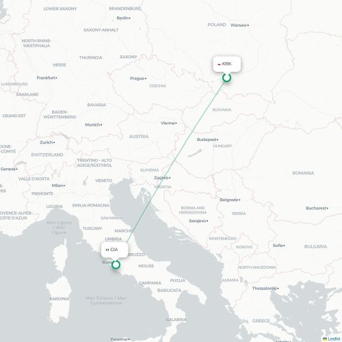 Mapa lotu bezpośredniego Kraków – Rzym