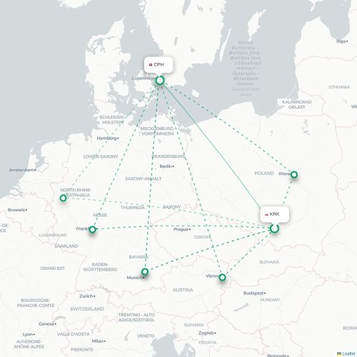 Mapa lotu bezpośredniego Kraków – Kopenhaga