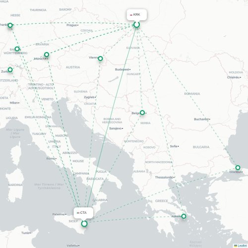 Mapa lotu bezpośredniego Kraków – Katania